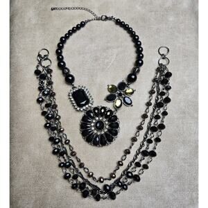 Premier Designs Black Beaded Convertable Necklaces & Pin Combo Set